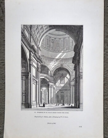Antique Engraving Print, Interior of St. Paul's From Under the Dome, 1840 ca.