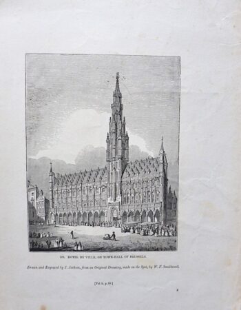 Antique Engraving Print, Hotel de Ville, or Town-Hall of Brussels, 1835