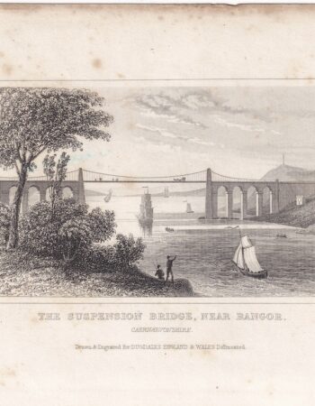 Antique Engraving Print, The Suspension Bridge, Near Bangor, 1830