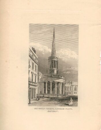 Antique Engraving Print, All-Souls Church, Langham Place, London, 1827