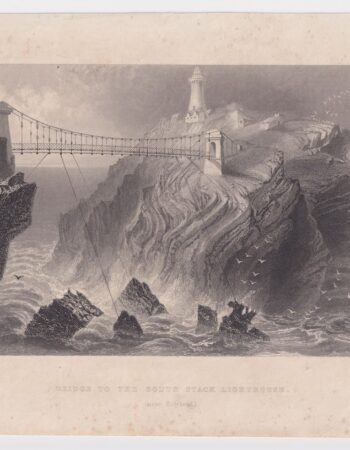 Antique Engraving Print, Bridge to the South Stack Lighthouse, 1842