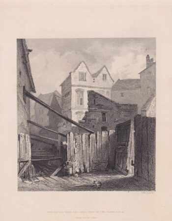Antique Print, Old Houses with the open part of the  fleet ditch near Field Lane, 1870