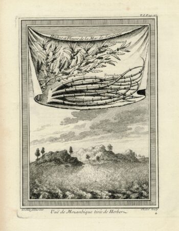 Antique Engraving Print, Vue de Mozanbique tirée de Herbers, 1755