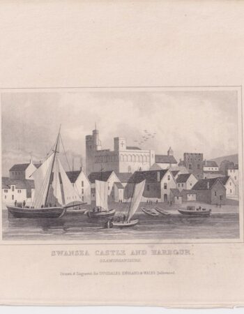 Antique Engraving Print, Swansea Castle and Harbour, Glamorganshire, 1820
