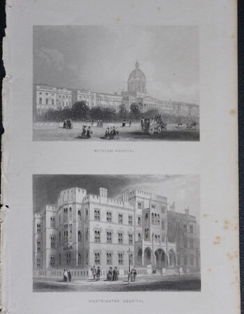Antique Engraving Print, Bethlem Hospital; Westminster Hospital, 1850
