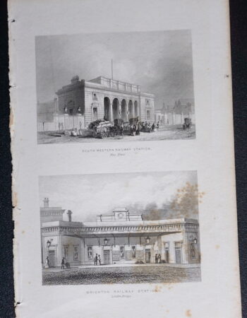 Antique Engraving Print, South Western Railway Station; Brighton Railway Station, 1850
