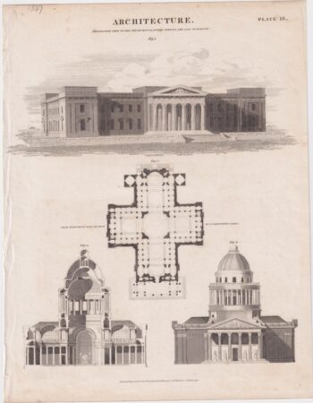 Antique Engraving Print, Architecture, Perspective View of the Court-House, public offices, and Gaol of Glasgow, 1827