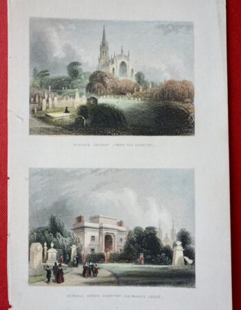 Antique Engraving Print, Hihgate Church; Kensall Green Cemetery, 1850