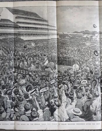 A Historic Derby, the Scene on the Course when the Prince of Wales received Persimmon after the Race. Illustration for The Graphic, 13 June 1896