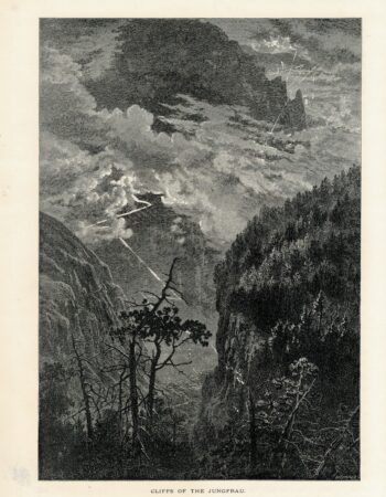 Antique Print, Cliffs of the Jungfrau; Mountain Chalet, 1871