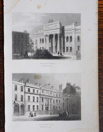 Antique Engraving Print, Salters' Hall; Drapers' Hall, 1850